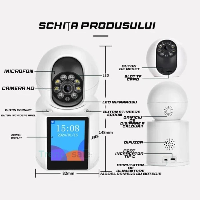 Camera de Supraveghere WiFi 360°, HD 1080p, Audio-Video, Senzor Miscare, Vedere Noaptea Trendysale.ro