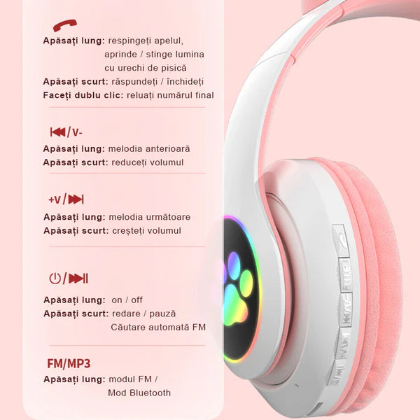 Casti bluetooth v5.0 pliabile, LED, design ureche de pisica, bass, stereo Trendysale.ro