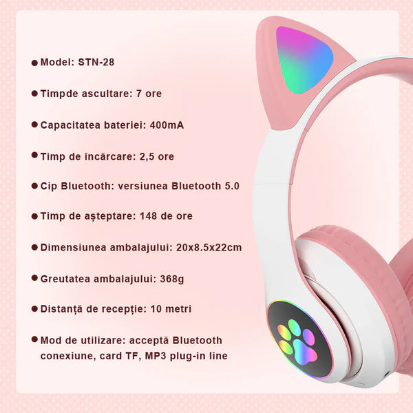 Casti bluetooth v5.0 pliabile, LED, design ureche de pisica, bass, stereo Trendysale.ro