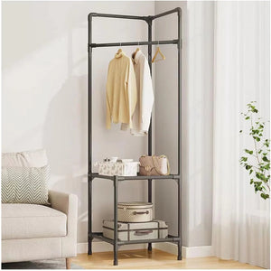 Cuier de colt din metal, cu 2 rafturi pentru organizare, negru Trendysale.ro