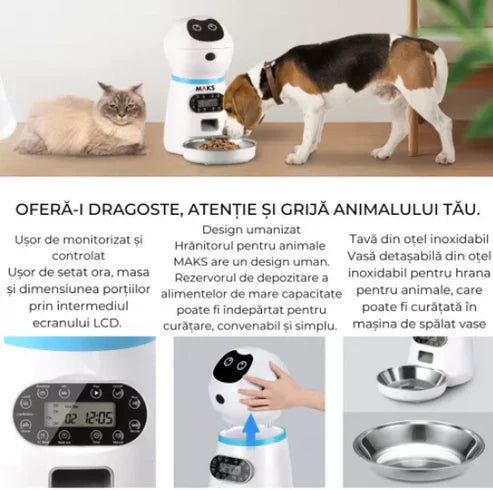 Dispenser automat pentru caini si pisici cu memorie, bol inox, 4 mese si comanda vocala Trendysale.ro