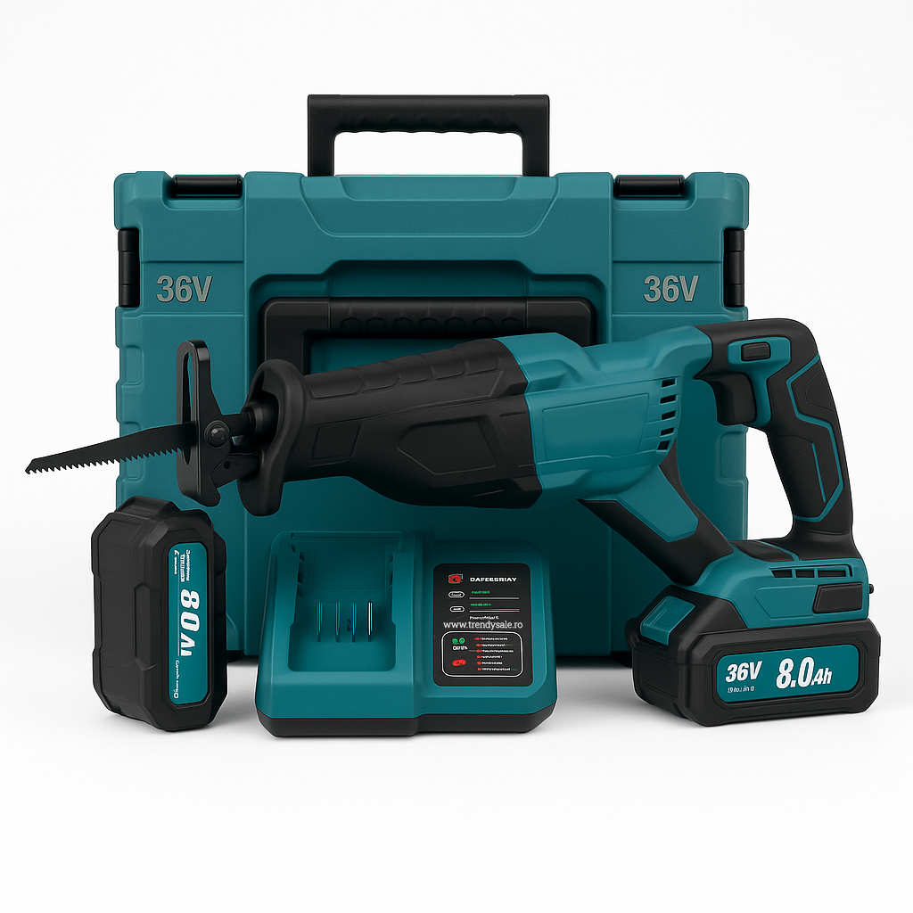 Fierastrau sabie cu acumulatori 36V 8Ah, 3 panze, design albastru Trendysale.ro