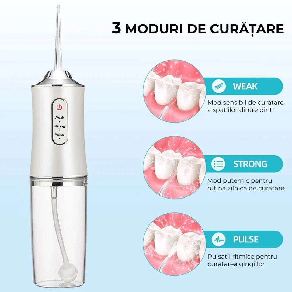 Irigator Oral Ultra-Portabil pentru Dus Bucal, 4 Capete de Curatare, Rezervor 220 ml Trendysale.ro