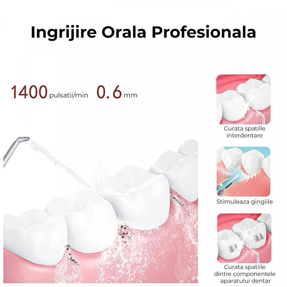 Irigator Oral Ultra-Portabil pentru Dus Bucal, 4 Capete de Curatare, Rezervor 220 ml Trendysale.ro