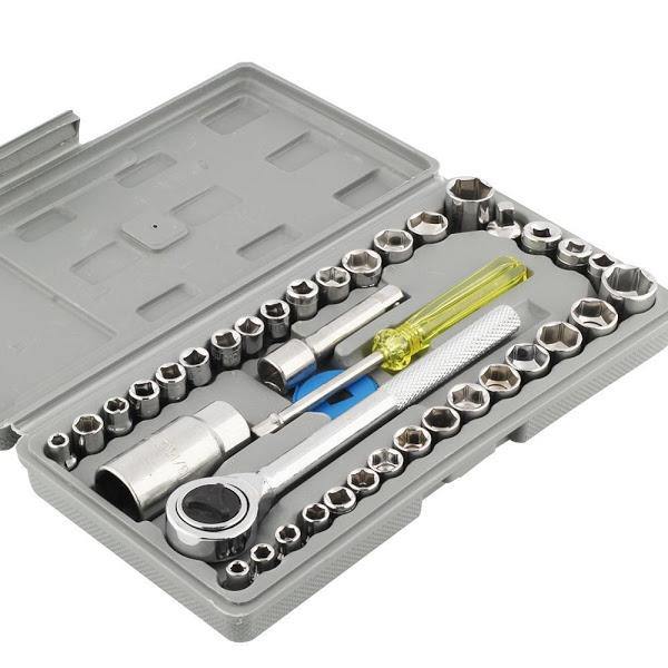 Set Chei Tubulare 40 Piese cu Accesorii, Maner Transport si Extensie, Otel Carbon, Crom, Arginti Trendysale.ro