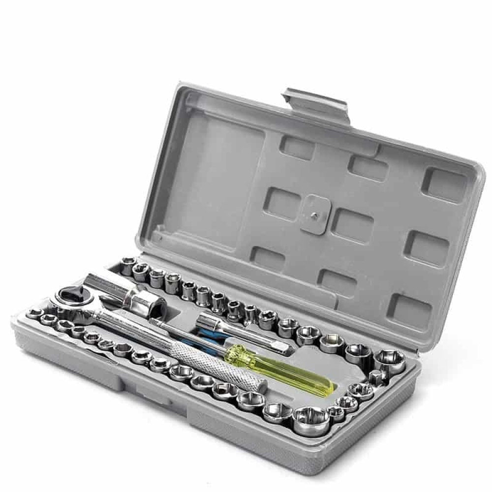 Set Chei Tubulare 40 Piese cu Accesorii, Maner Transport si Extensie, Otel Carbon, Crom, Arginti Trendysale.ro