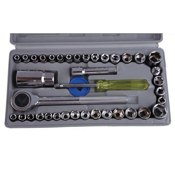 Set Chei Tubulare 40 Piese cu Accesorii, Maner Transport si Extensie, Otel Carbon, Crom, Arginti Trendysale.ro