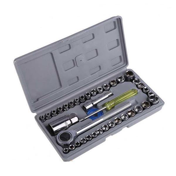 Set Chei Tubulare 40 Piese cu Accesorii, Maner Transport si Extensie, Otel Carbon, Crom, Arginti Trendysale.ro