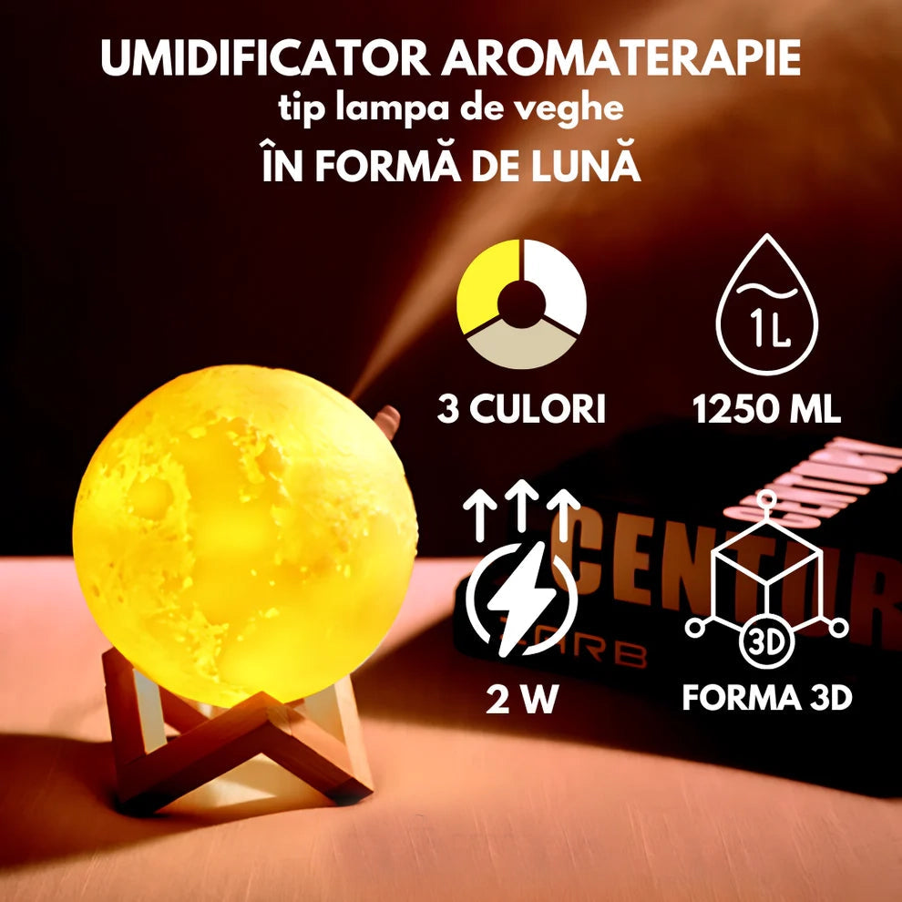 Umidificator aromaterapie, tip lampa de veghe, forma de luna 15 cm, suport inclus, alb cald, rece si neutru Trendysale.ro