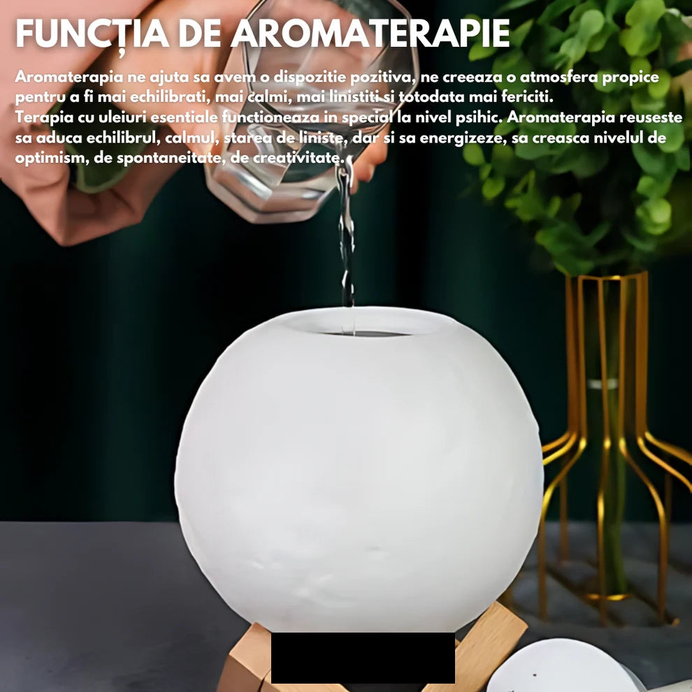 Umidificator aromaterapie, tip lampa de veghe, forma de luna 15 cm, suport inclus, alb cald, rece si neutru Trendysale.ro