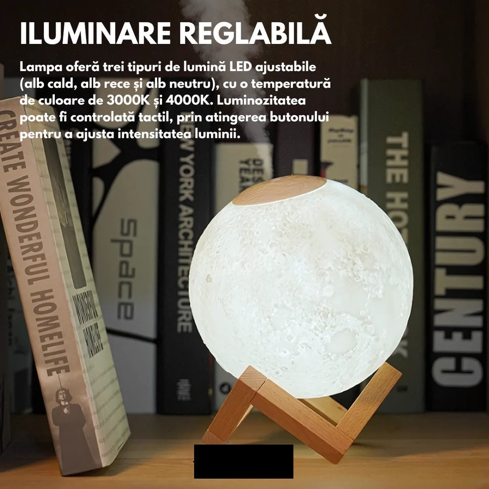 Umidificator aromaterapie, tip lampa de veghe, forma de luna 15 cm, suport inclus, alb cald, rece si neutru Trendysale.ro